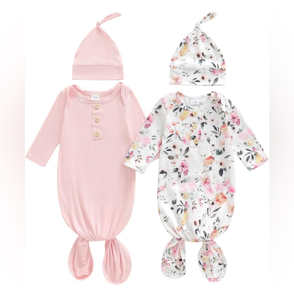 woshilaocai 2 Pack Baby Boy Girl Gown Sleeper Newborn Knotted Nightgown and Hat